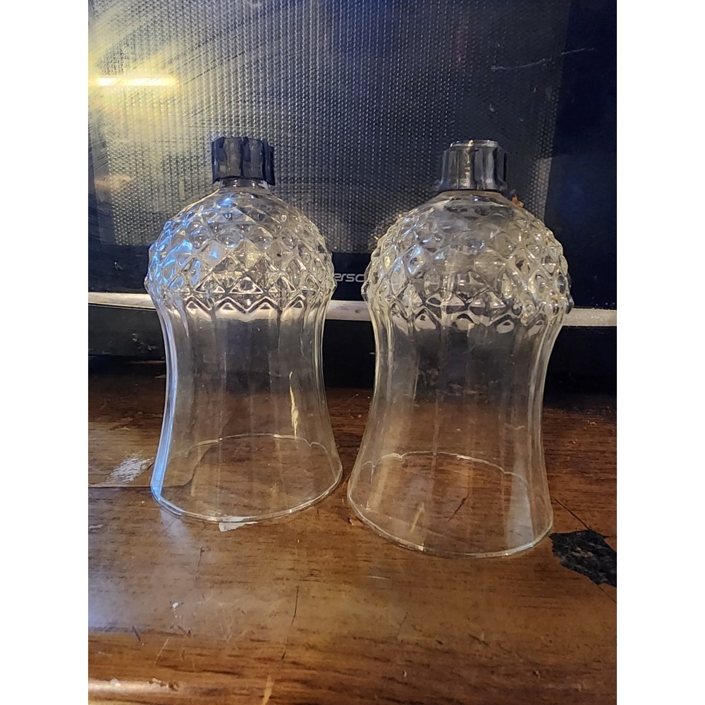 Vintage Set Of 2 Diamond Cut Clear Glass Tall Tulip Pegged Candle Holders